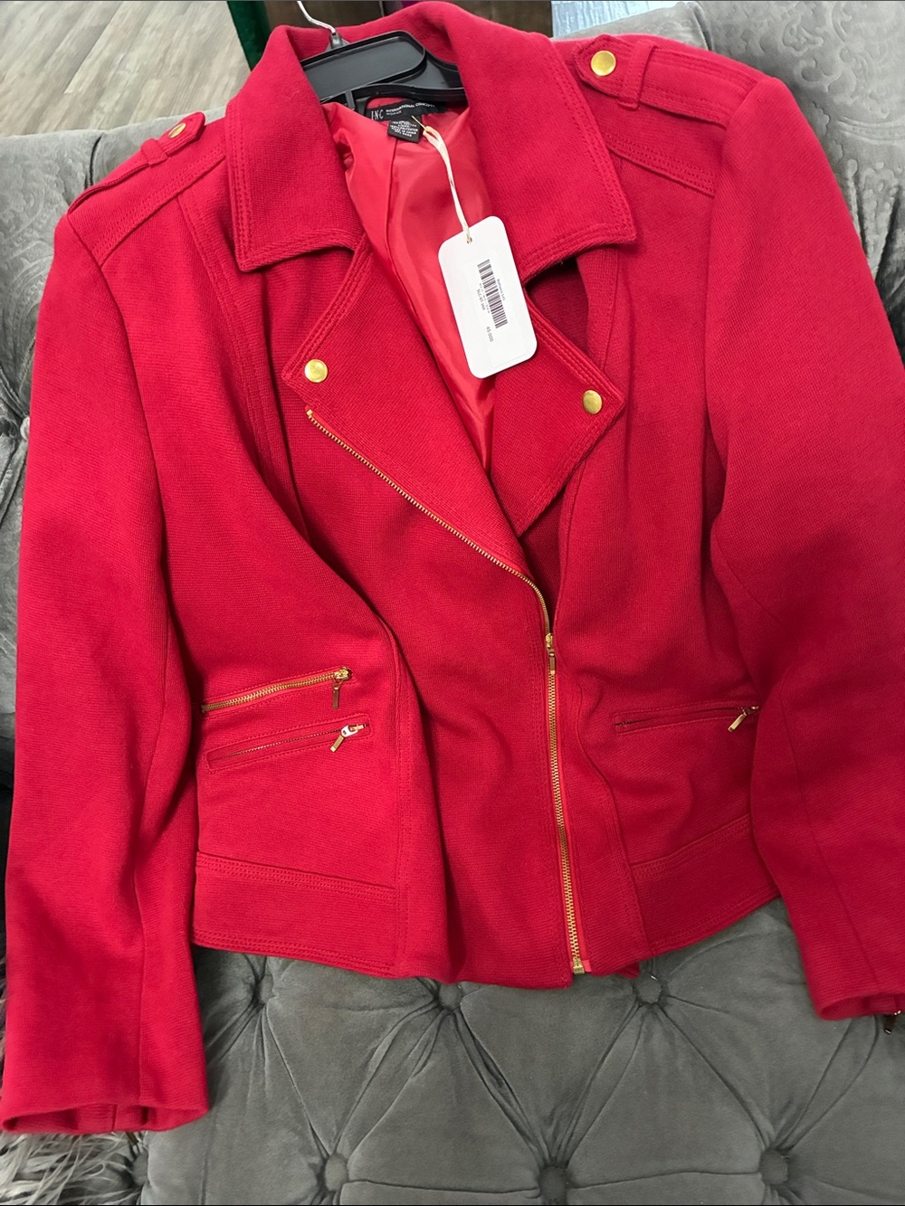 INC International Concepts Red Asymmetrical Zip Leather-Style Jacket